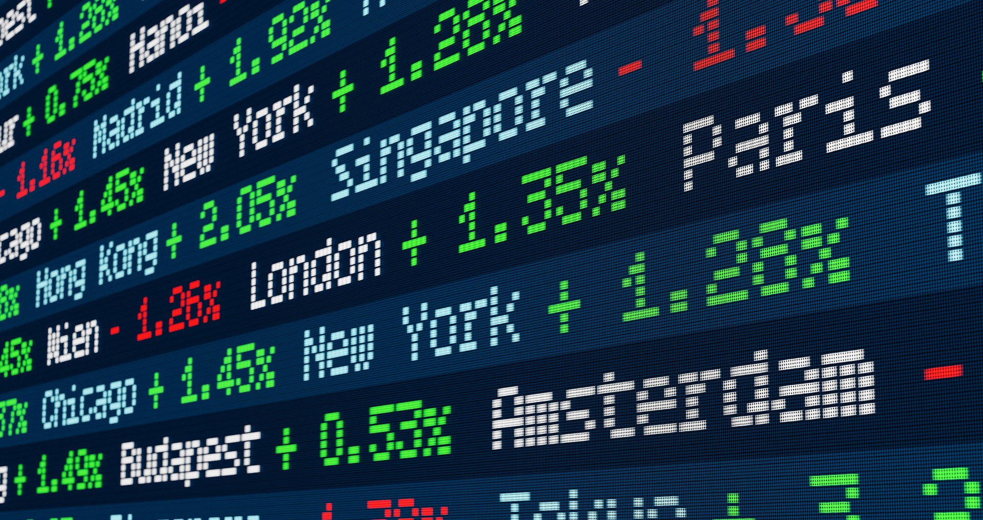 Stock ticker with index changes of the global markets.